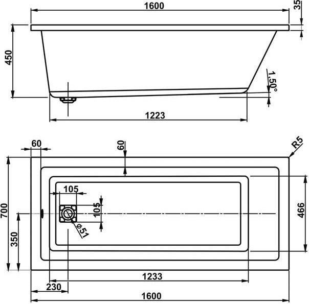Акриловая ванна Vagnerplast Cavallo 160x70 см, пристенная, ультрабелая, на ножках