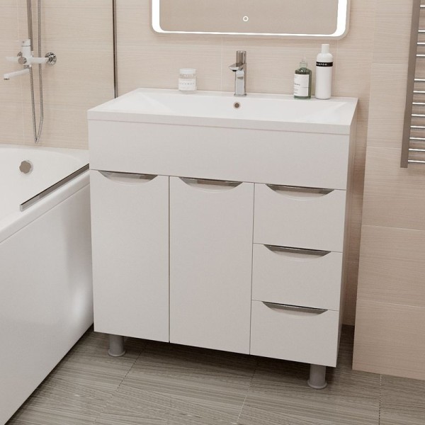 Тумба с раковиной Mixline Этьен 80 глянцевая белая, раковина Нелли 80