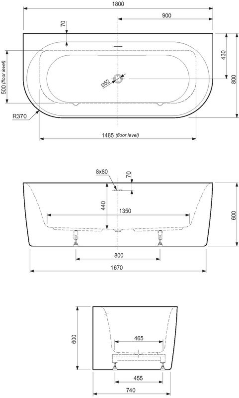 Акриловая ванна Cezares Metauro METAURO-INT-Wall-180-80-60-G-W-MATT 180x80 см, пристенная, серая матовая, овальная, вклеенный каркас, со сливом-переливом, с донным клапаном