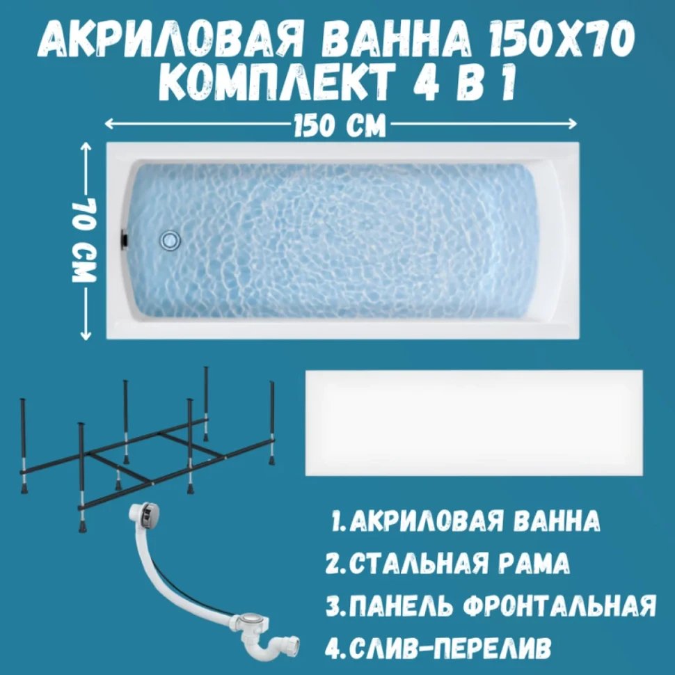 Комплект Акриловая ванна 1MarKa Modern Премиум 150x70 см, пристенная, белая, с экраном, со сливом-переливом