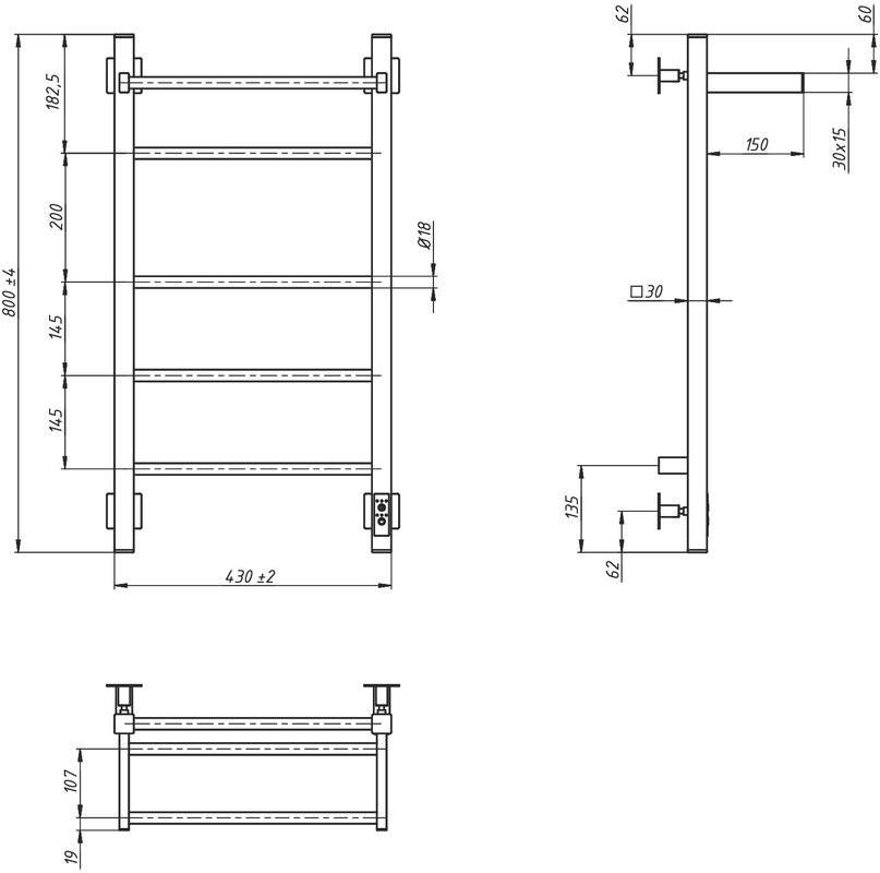 Полотенцесушитель электрический Grota Alto 430х800 NP EL 80x45 см, подключение справа, слева, скрытое подключение справа, глянцевый хром, лесенка, с полкой