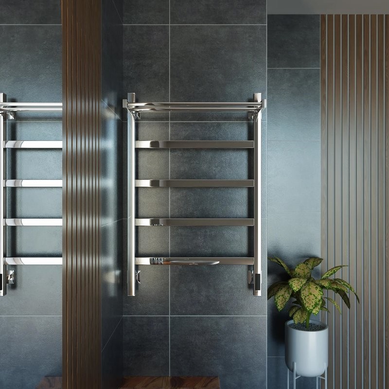 Полотенцесушитель электрический Grota Lore 530х800 NP EL 80x55 см, подключение справа, слева, скрытое подключение справа, глянцевый хром, лесенка, с полкой