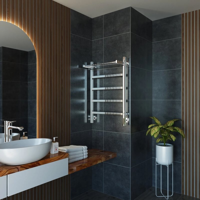 Полотенцесушитель электрический Grota Lore 530х800 NP EL 80x55 см, подключение справа, слева, скрытое подключение справа, глянцевый хром, лесенка, с полкой