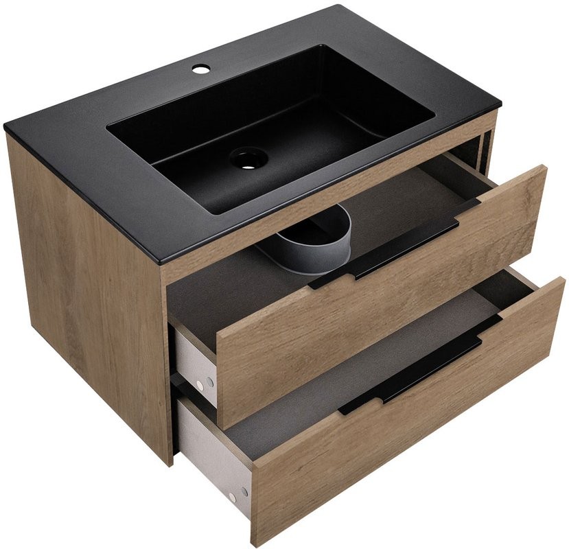 Мебель для ванной комнаты Vincea Chiara 2D 80, 2 ящика, натуральный дуб, с черной раковиной