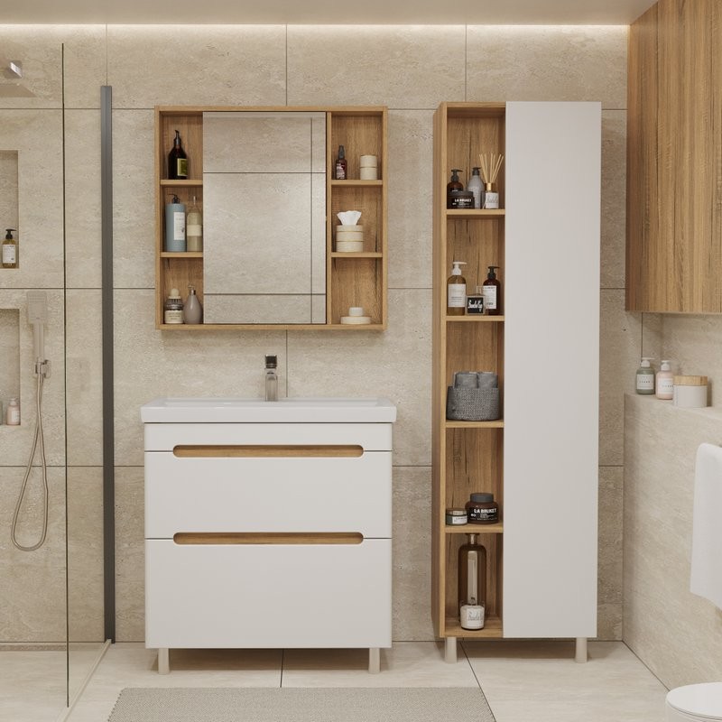 Тумба с раковиной SanStar Diva 80 напольная, матовая белая, дуб вотан, раковина Фостер 80