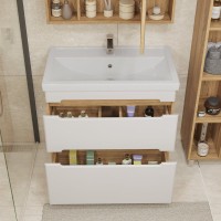 Тумба с раковиной SanStar Diva 80 напольная, матовая белая, дуб вотан, раковина Фостер 80