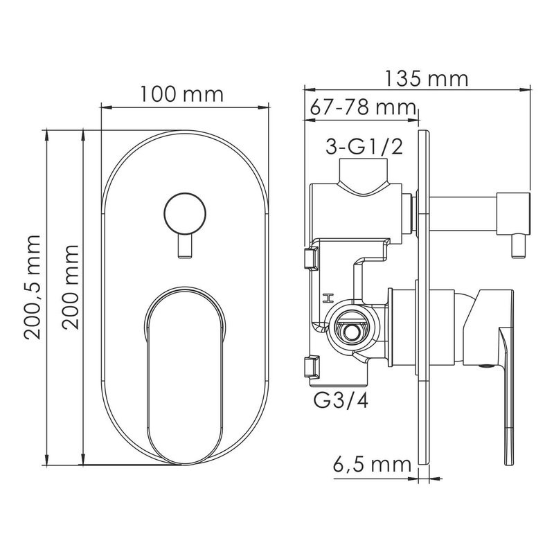 Встраиваемый смеситель для душа и ванны Wasserkraft Elbe 7441 С ВНУТРЕННЕЙ ЧАСТЬЮ