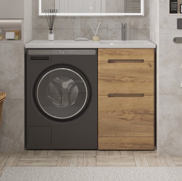 Тумба с раковиной SanStar Толедо 120 R напольная, под стиральную машину, gold craft, дуб вотан, раковина Даллас 120