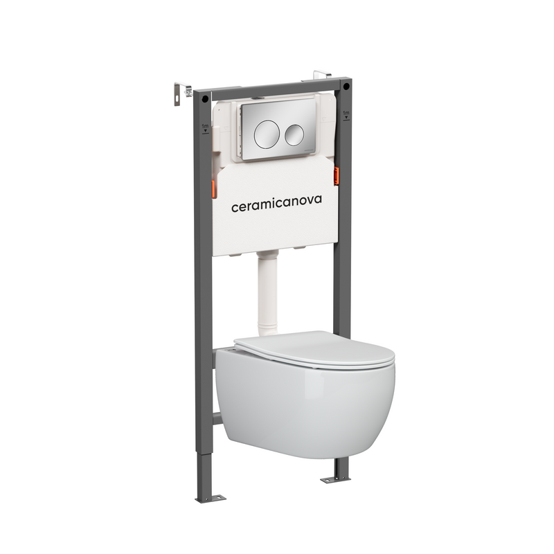 Комплект Ceramicanova Унитаз подвесной Play CN3001 безободковый, с микролифтом + Инсталляция Balance CN121001CH с кнопкой Circle глянцевый хром