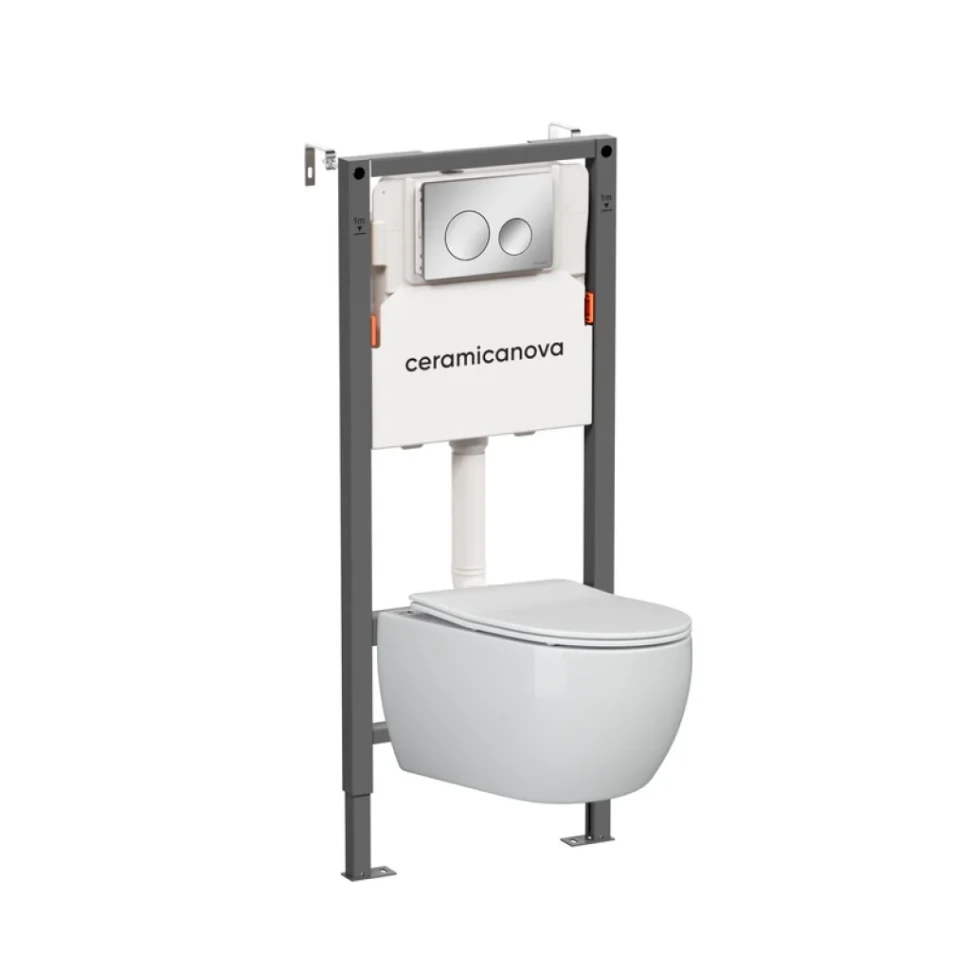 Комплект Ceramicanova Унитаз подвесной Play CN3001 безободковый, с микролифтом + Инсталляция Balance CN121001CH с кнопкой Circle глянцевый хром
