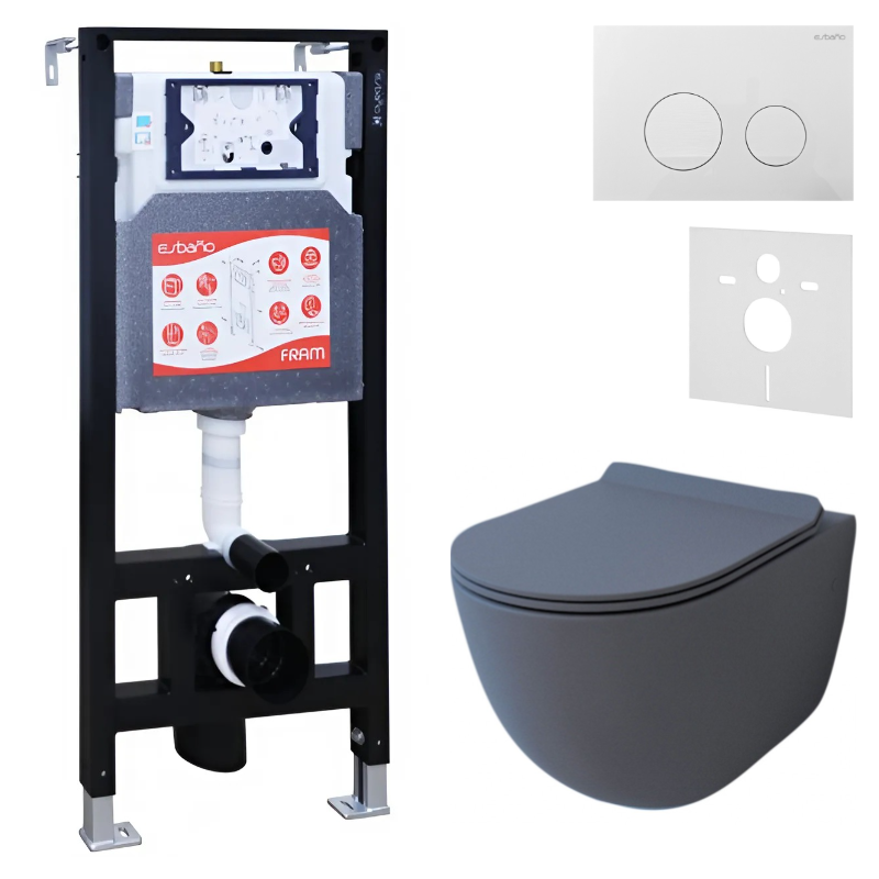 Комплект Унитаз подвесной Esbano Garcia ESUPGARCGM матовый серый + Инсталляция Fram + Кнопка ESINSLM37GW