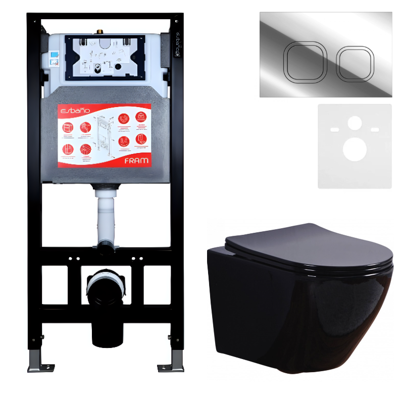 Комплект 3 в 1 Унитаз подвесной Esbano Azalea ESUPAZALB + Инсталляция Fram + Кнопка ESINLPS10SC цвет глянцевый хром