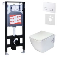 Комплект 3 в 1 Унитаз подвесной Esbano ESWBLEONWN + Инсталляция Fram + Кнопка ESINOVL17GW цвет глянцевый белый