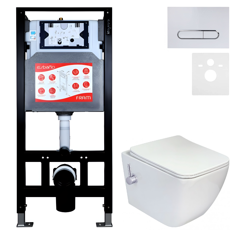 Комплект 3 в 1 Унитаз подвесной Esbano ESWBLEONWN + Инсталляция Fram + Кнопка ESINOVL17GW цвет глянцевый белый