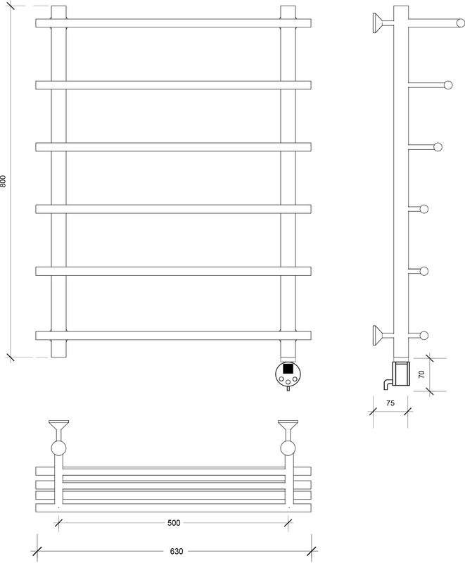 Полотенцесушитель электрический Secado Турин 6 80x55 см, подключение справа, матовый черный, лесенка, с полкой