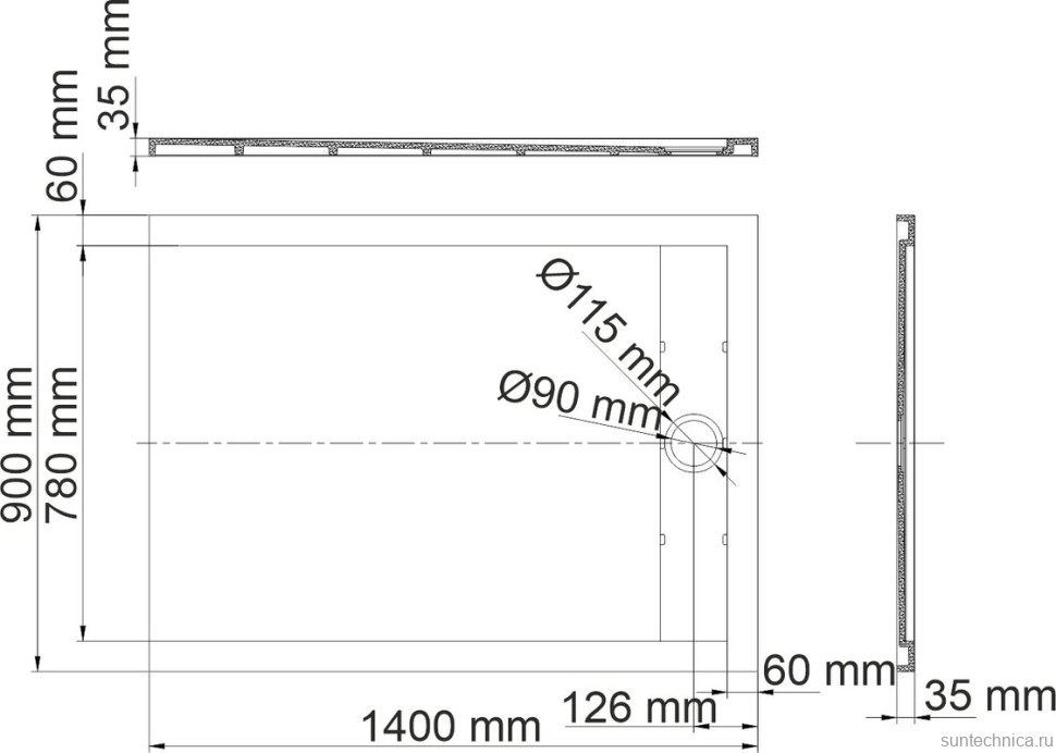 Поддон для душа Wasserkraft Rhin 44T36 140x90, с сифоном