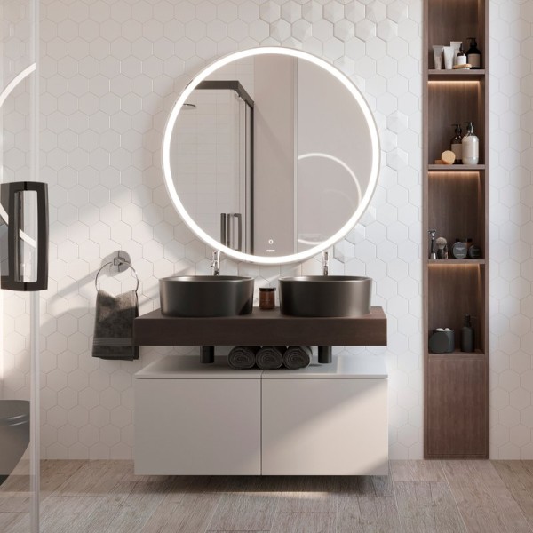 Мебель для ванной комнаты STWORKI Ольборг 100 столешница дуб карпентер, без отверстий, 2 тумбы 50 + 2 раковины