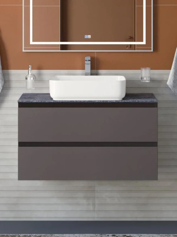Тумба под раковину со столешницей BelBagno Kraft 90 подвесная, матовая темно-серая, столешница kep-90-grn