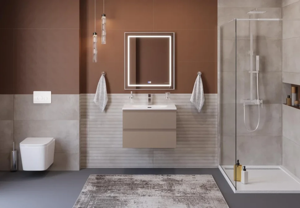 Мебель для ванной комнаты BelBagno Kraft 60 подвесная, матовая бежевая, раковина bb-8099-60