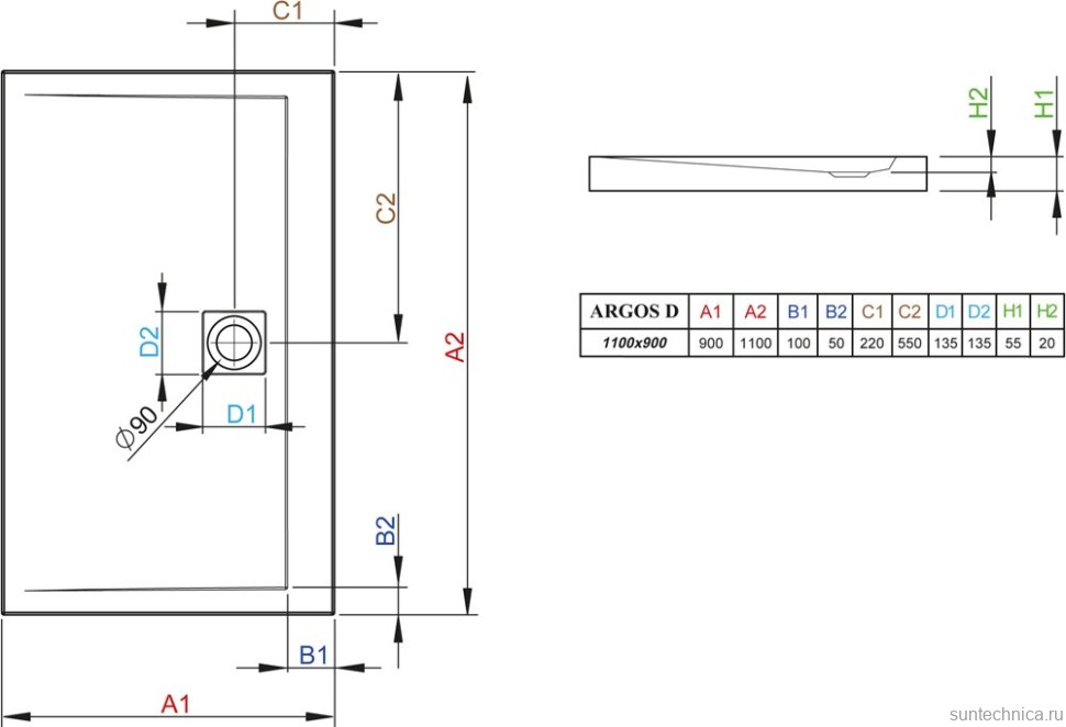 Поддон для душа Radaway Argos 4AD911-01 D 90x110 с сифоном
