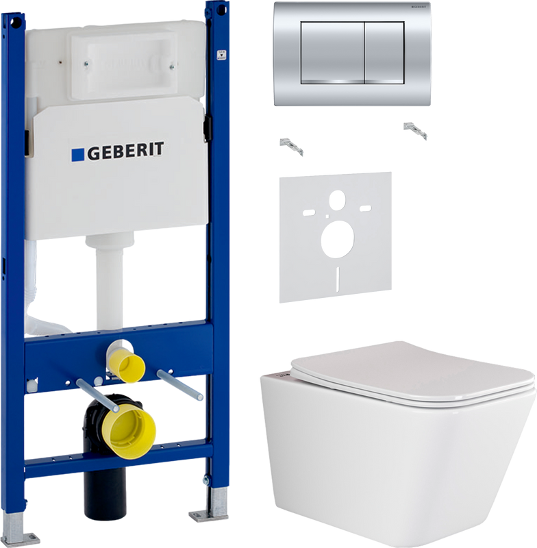 Комплект Унитаз подвесной Ceramicanova Metric Rimless CN3007 с микролифтом, безободковый + Звукоизоляция Geberit + Инсталляция Duofix Delta 458.163.21.1 с кнопкой смыва, хром