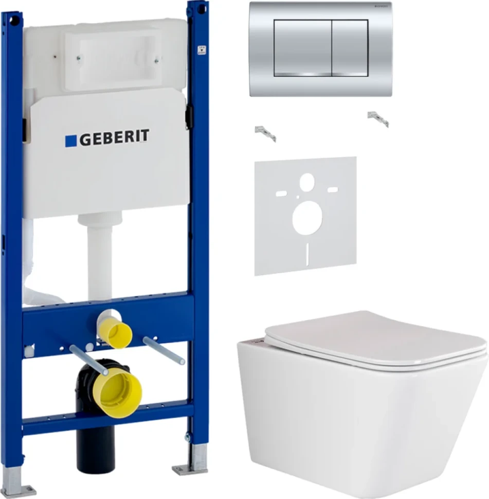 Комплект Унитаз подвесной Ceramicanova Metric Rimless CN3007 с микролифтом, безободковый + Звукоизоляция Geberit + Инсталляция Duofix Delta 458.163.21.1 с кнопкой смыва, хром