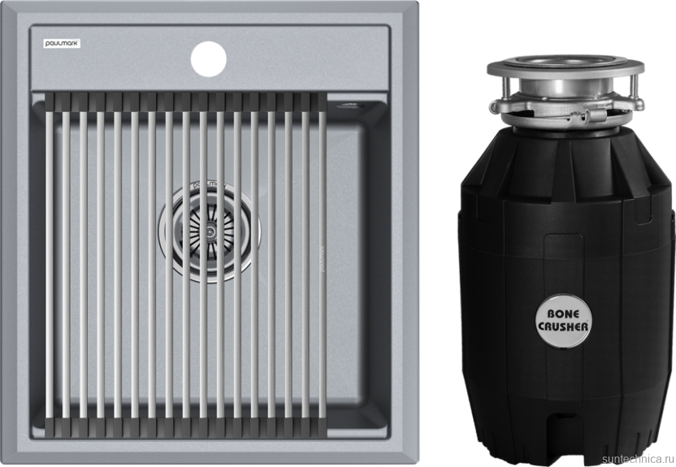 Комплект Мойка Paulmark Stepia + Step PM114651-GRM+R375-BS серый металлик + Измельчитель Bone Crusher BC 810-AS