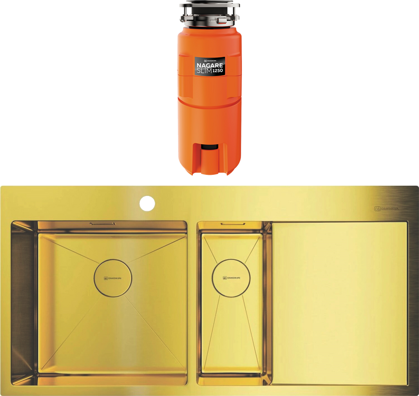Комплект Мойка Omoikiri Akisame 100-2-LG-L светлое золото + Измельчитель Nagare slim 1250