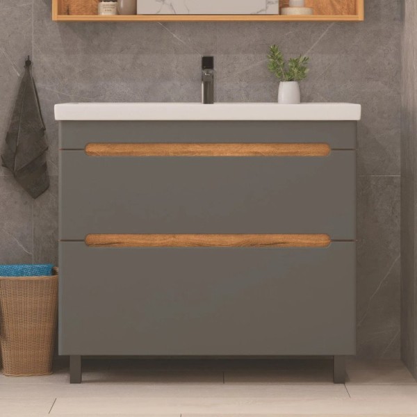 Тумба под раковину без столешницы SanStar Diva 100 напольная, дуб вотан, графит софт