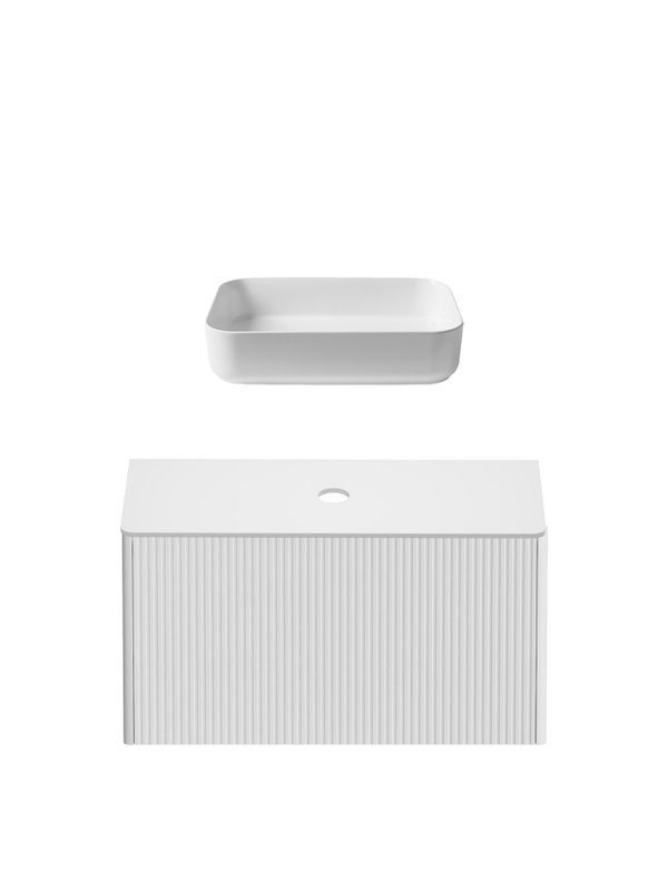 Тумба с раковиной Allen Brau Gravity 80 1 ящик, с фрезеровкой, матовый белый, столешница белая, раковина Fantasy Quad 50, белая