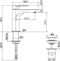 Смеситель для раковины Gattoni H2OMIX 7000 7004570NO nero opaco, с донным клапаном
