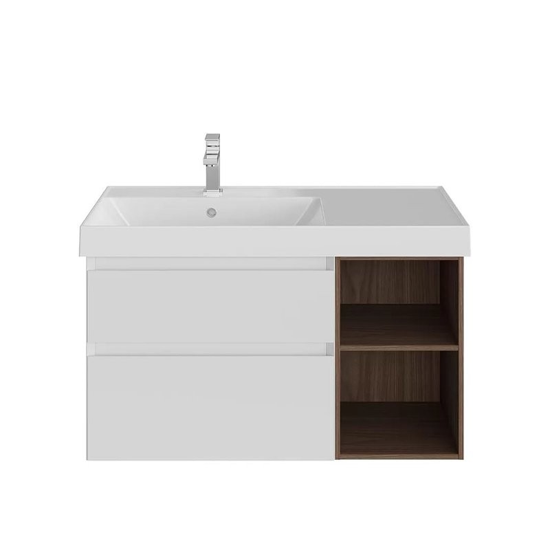 Тумба под раковину KERAMA MARAZZI Cubo 90, левая подвесная, с ящиками и полкой, белая матовая, структурированный орех