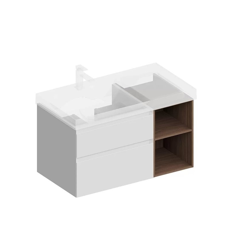 Тумба под раковину KERAMA MARAZZI Cubo 90, левая подвесная, с ящиками и полкой, белая матовая, структурированный орех