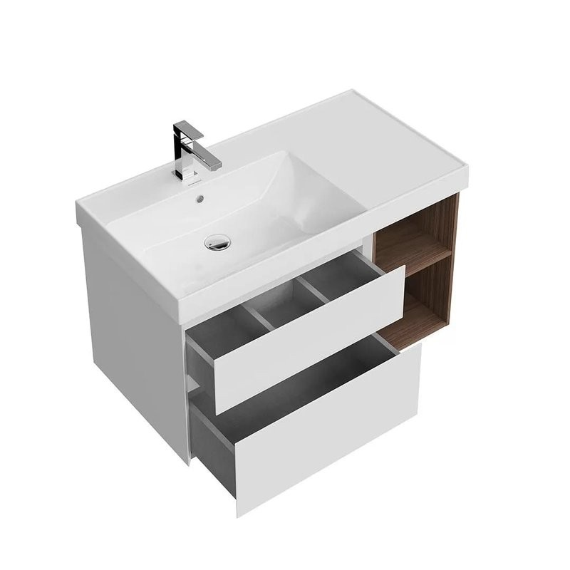 Тумба под раковину KERAMA MARAZZI Cubo 90, левая подвесная, с ящиками и полкой, белая матовая, структурированный орех