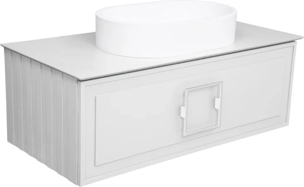 Тумба с раковиной La Fenice Cubo 100 подвесная, bianco, ручка белая, столешница белый мрамор, раковина матовая белая