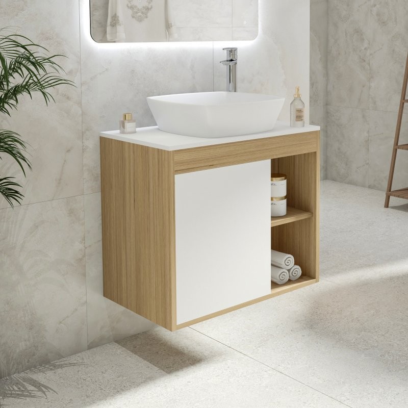 Тумба с раковиной Teymi Nura 70 дуб эврика, матовая белая, раковина Kati 43