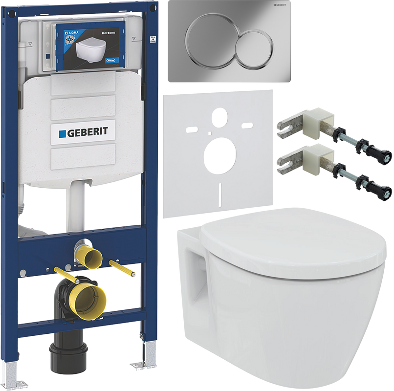 Комплект Унитаз подвесной Ideal Standard Connect + Крышка + Инсталляция Geberit Duofix UP 320 111.300.00.5 + Кнопка Sigma 01 115.770.21.5 хром + Крепления 111.815.00.1 к стене + Звукоизоляция