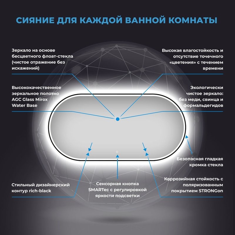Зеркало Wellsee 7 Rays’ Spectrum 100х55 с фронтальной подсветкой, черное матовое