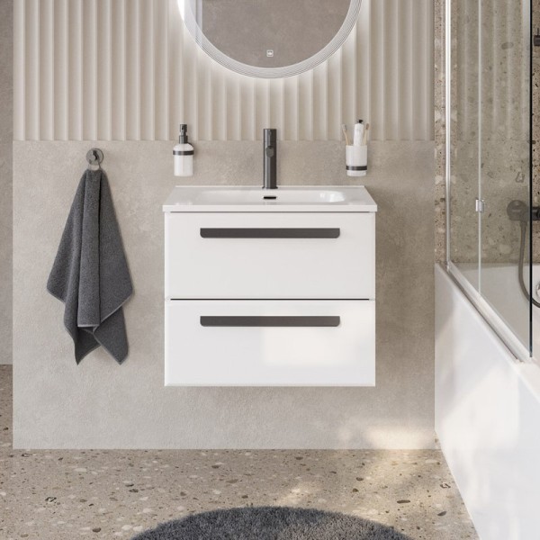 Тумба с раковиной Cezares Eco Cer-N 70 bianco lucido, раковина Duet 70, ручки матовые черные