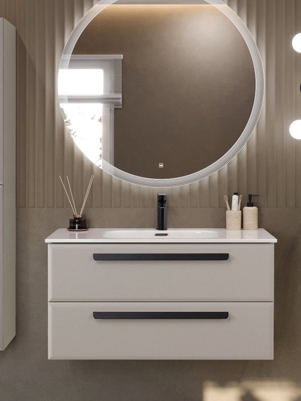 Тумба с раковиной Cezares Eco-Cer-N 100 серо-бежевая матовая, раковина CZR-8095-100, ручки матовые черные