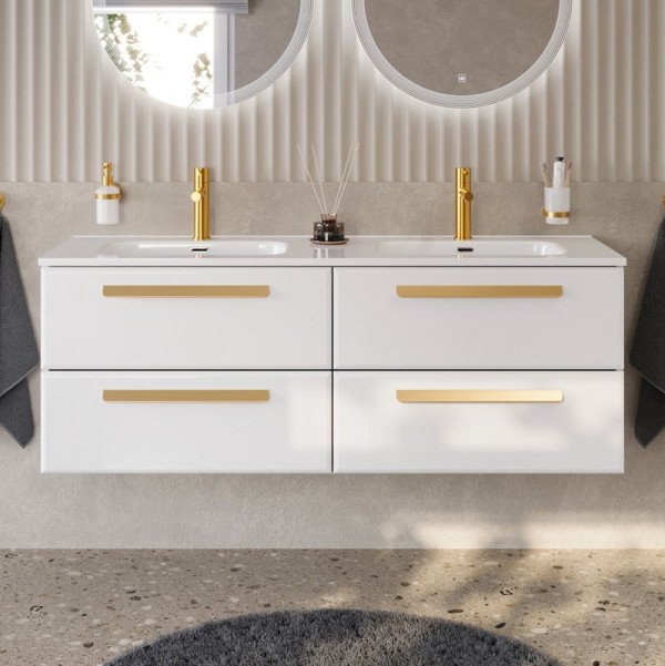 Тумба с раковиной Cezares Eco Cer-N 140 4 ящика, bianco lucido, раковина Duet 140, двойная, ручки сатиновое золото