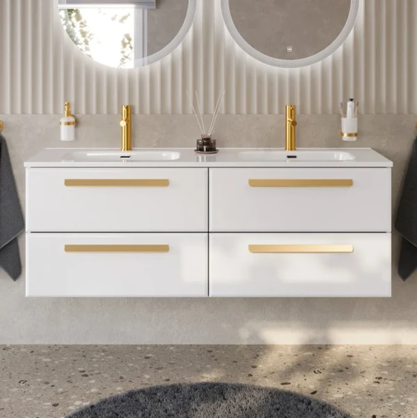 Тумба с раковиной Cezares Eco Cer-N 140 4 ящика, bianco lucido, раковина Duet 140, двойная, ручки сатиновое золото