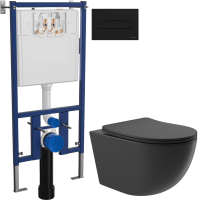 Комплект Унитаз подвесной Aqueduto Ovo OVO0140 безободковый, с микролифтом, черный матовый + Инсталляция DIWO + Кнопка 7323 черная матовая