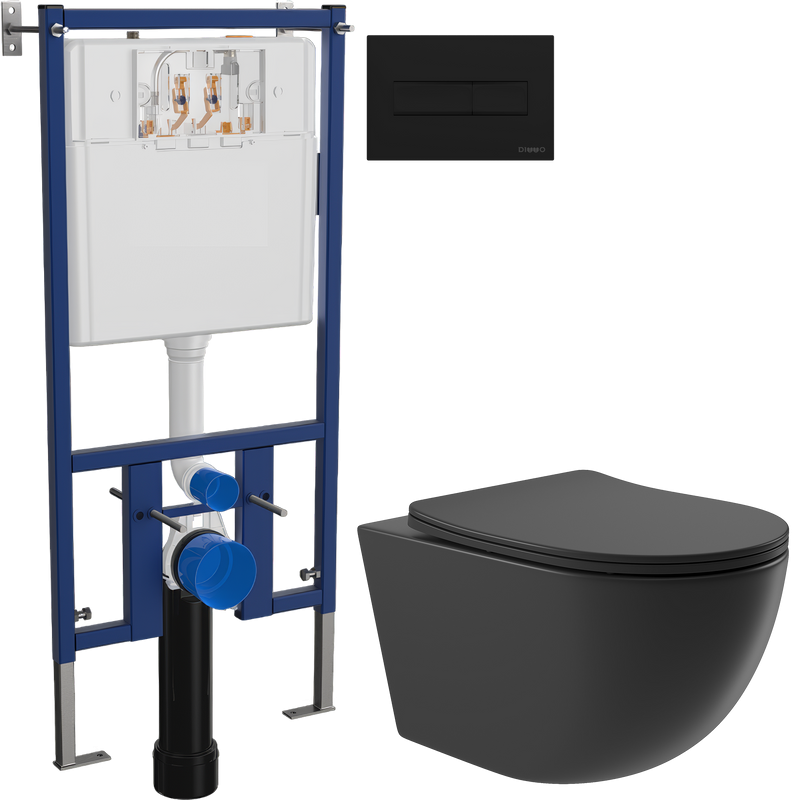 Комплект Унитаз подвесной Aqueduto Ovo OVO0140 безободковый, с микролифтом, черный матовый + Инсталляция DIWO + Кнопка 7323 черная матовая