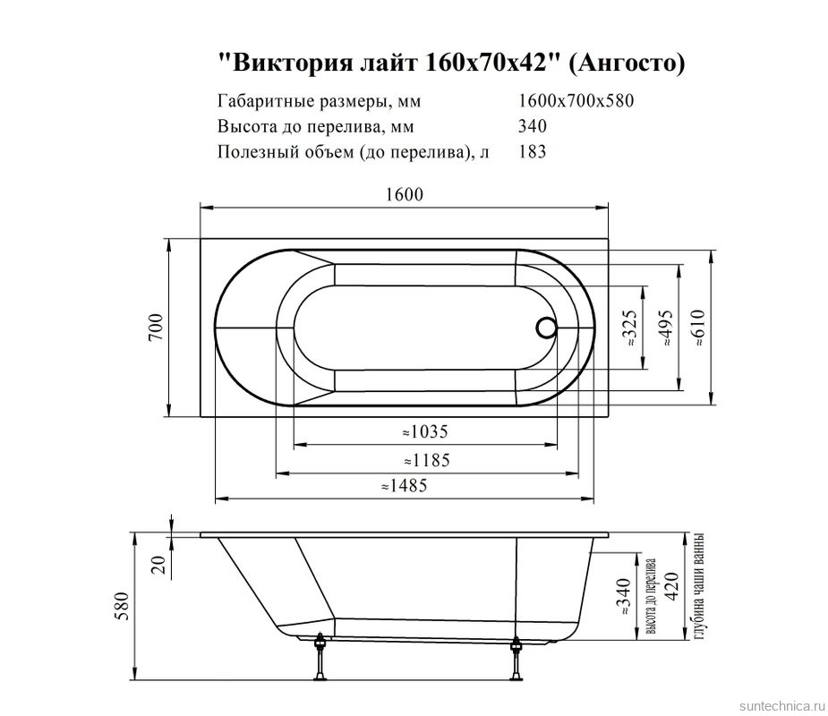 Акриловая ванна Radomir Виктория лайт Ангосто 160x70 см, встраиваемая, белая, на ножках