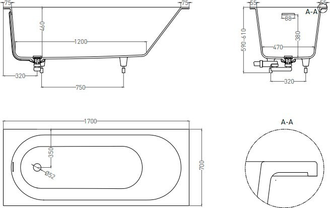 Ванна из искусственного камня Salini Ornella Kit S-Stone 170x70 см, встраиваемая, матовая белая, на ножках, со сливом-переливом, с донным клапаном