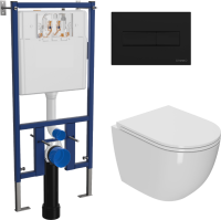 Комплект Унитаз подвесной Bauedge Bau Dream Hurricane-2 безободковый, с микролифтом, белый + Инсталляция DIWO + Кнопка 7323 черная матовая
