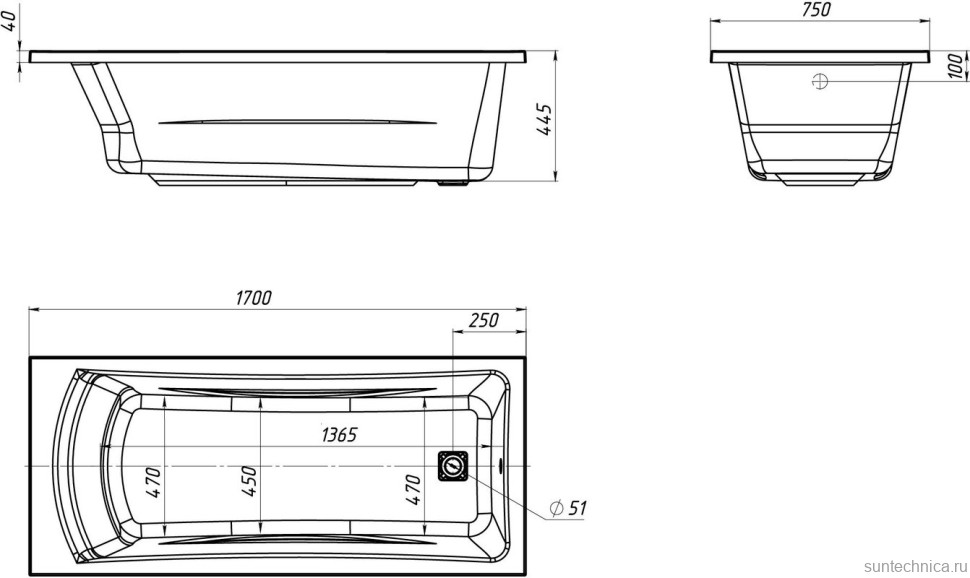 Акриловая ванна Marka One Prime 170x75 см, пристенная, белая, с каркасом