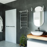 Полотенцесушитель электрический Grota Alto 430х1000 NP EL 100x45 см, подключение справа, слева, скрытое подключение справа, глянцевый хром, лесенка, с полкой