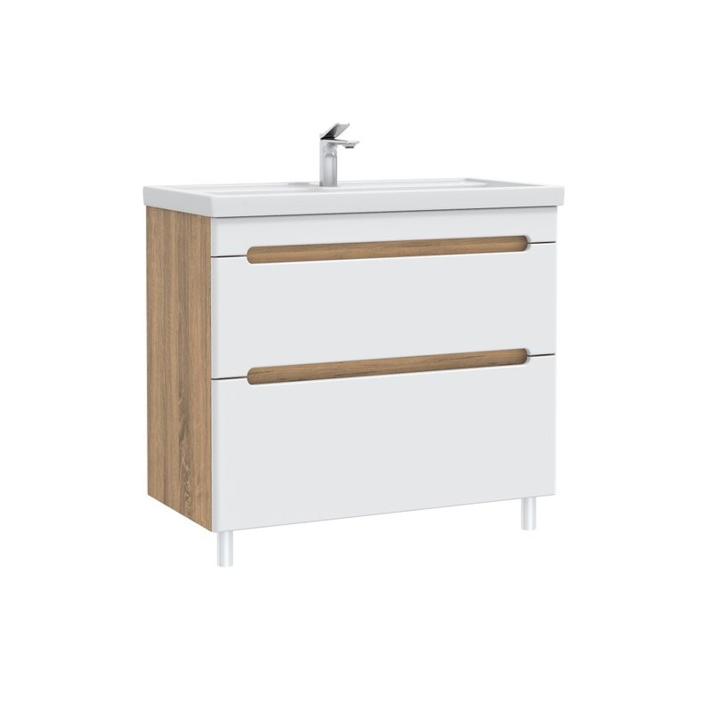 Тумба с раковиной SanStar Diva 100 напольная, матовая белая, дуб вотан, раковина Фостер 100